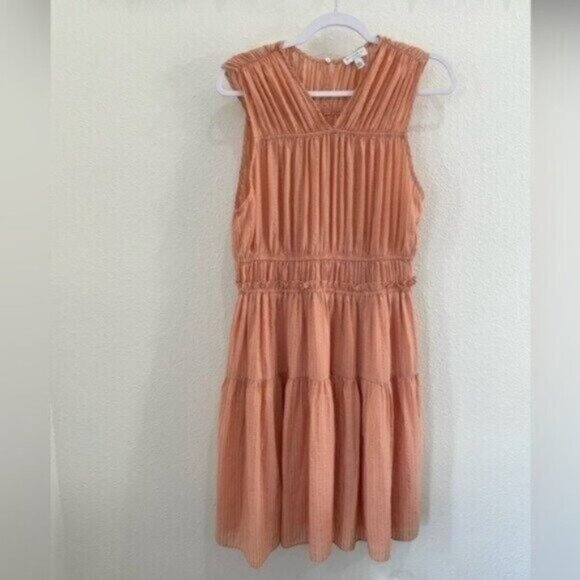 Anthropologie Gauzy Neutral Mini Dress Smocked Feminine Stretch Casual - Picture 2 of 7